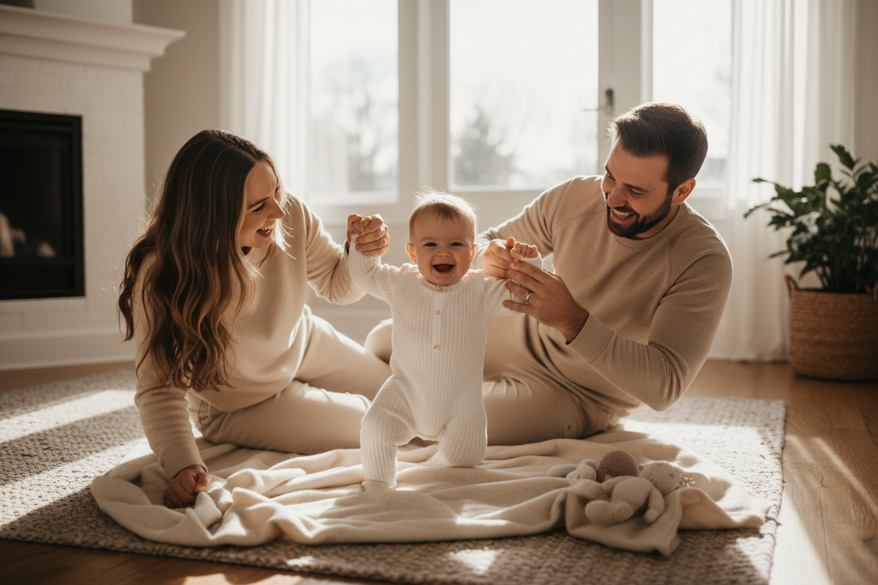 Baby in white onesie playing with mum and dad