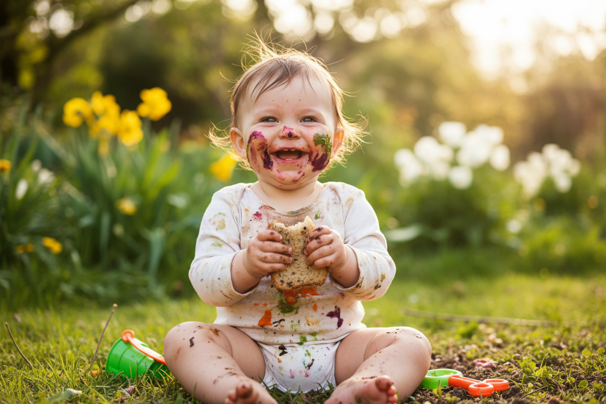 Messy baby outdoors